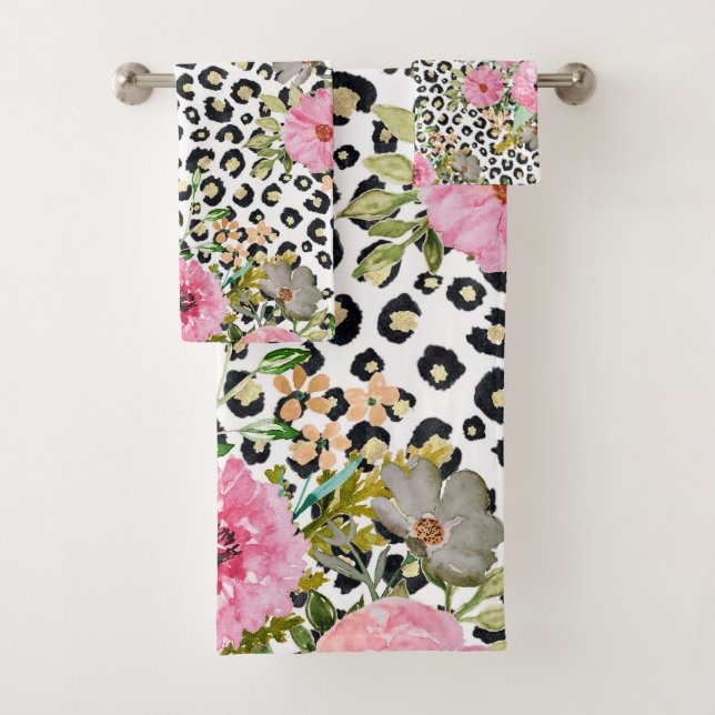 Elegant Leopard Print and Floral Design Bath Towel Set (Insitu)