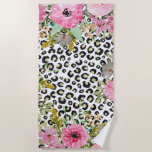 Elegant Leopard Print And Floral Design Beach Towel at Zazzle