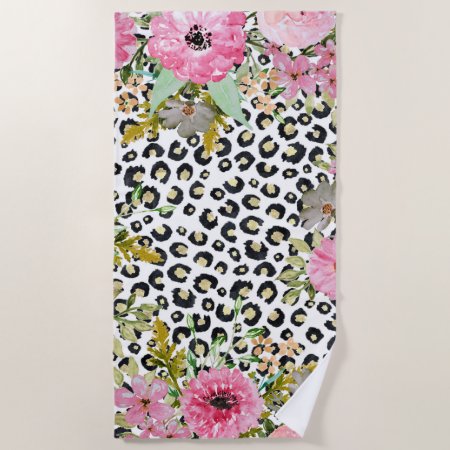 Elegant Leopard Print And Floral Design Beach Towel