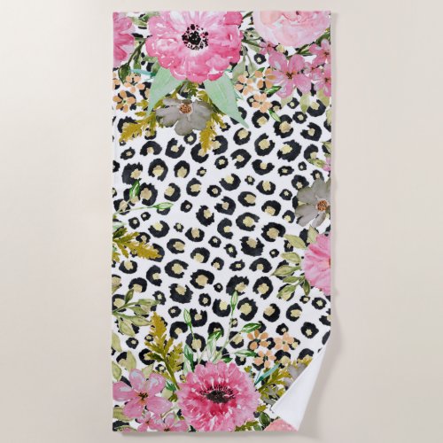 Elegant Leopard Print and Floral Design Beach Towel