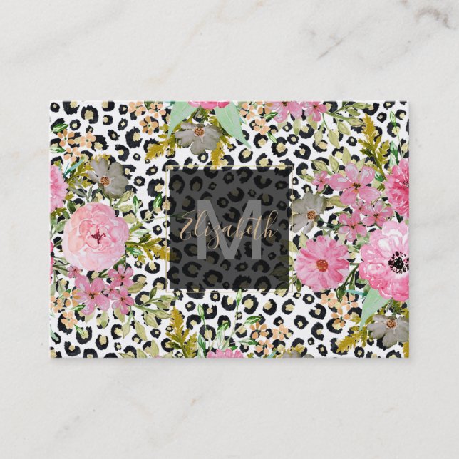 Elegant Leopard Print and Floral Design Business Card (Front)