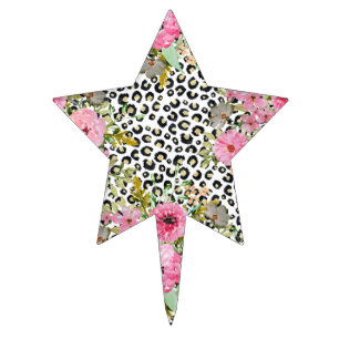 Elegant Leopard Print and Floral Design Cake Topper