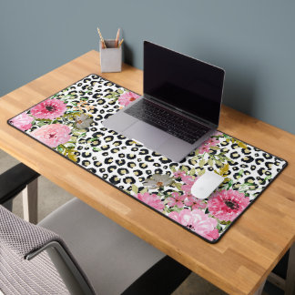 Elegant Leopard Print and Floral Design Desk Mat