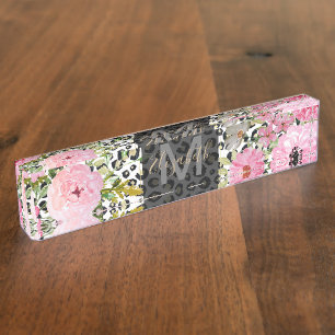 Elegant Leopard Print and Floral Design Desk Name Plate