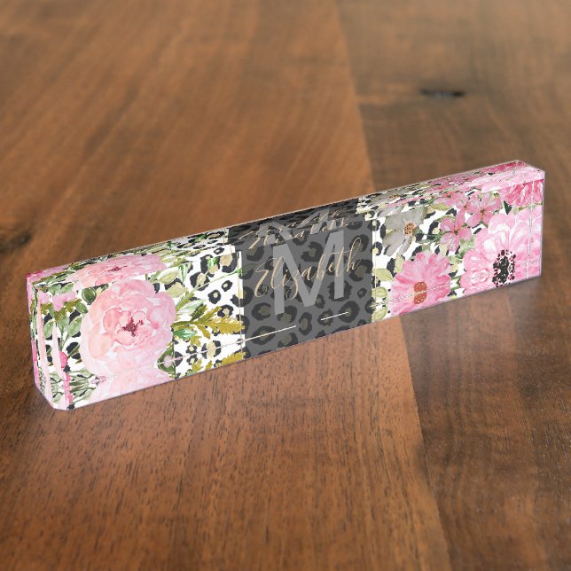 Elegant Leopard Print and Floral Design Desk Name Plate (Side)