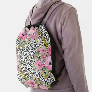 Elegant Leopard Print and Floral Design Drawstring Bag