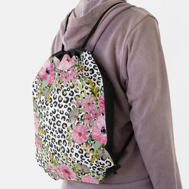 Elegant Leopard Print and Floral Design Drawstring Bag (Insitu)