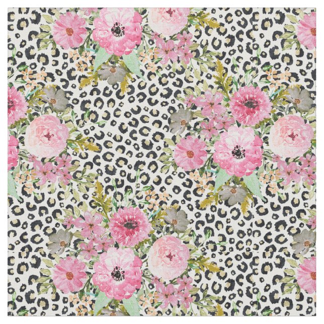 Elegant Leopard Print and Floral Design Fabric (Close Up)
