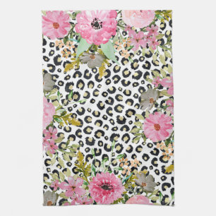 Elegant Leopard Print and Floral Design Kitchen Towel