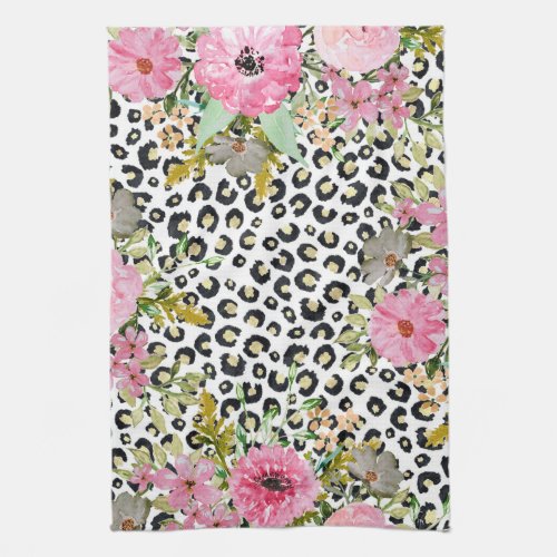 Elegant Leopard Print and Floral Design Kitchen Towel