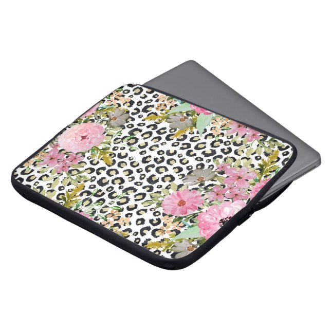 Elegant Leopard Print and Floral Design Laptop Sleeve (Front Top)