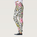Elegant Leopard Print and Floral Design Leggings<br><div class="desc">This luxurious, stylish leopard animal print and boho chic blooming peonies and roses floral bouquet, leaves and other flowers, whimsical spring trendy design is perfect for everyday wear or chic home decor. A beautiful, unique illustration with gold and black animal print pattern, and watercolor hand-painted floral, filled with pink, blush,...</div>