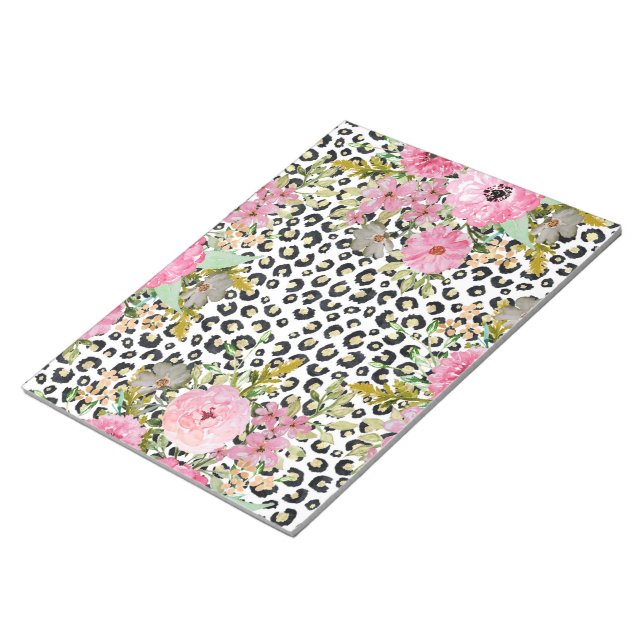 Elegant Leopard Print and Floral Design Notepad (Angled)