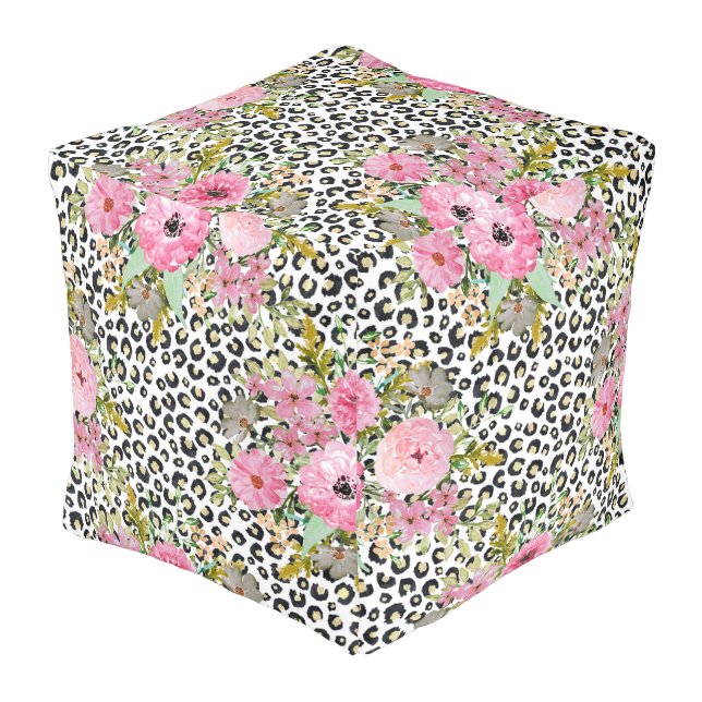 Elegant Leopard Print and Floral Design Pouf (Angled Front)