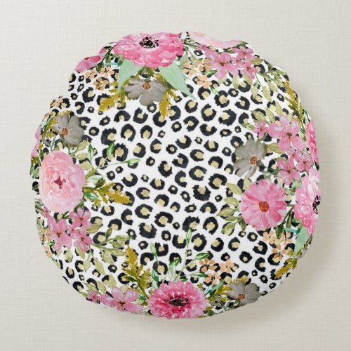 Elegant Leopard Print and Floral Design Round Pillow