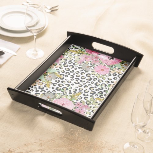Elegant Leopard Print and Floral Design Serving Tray