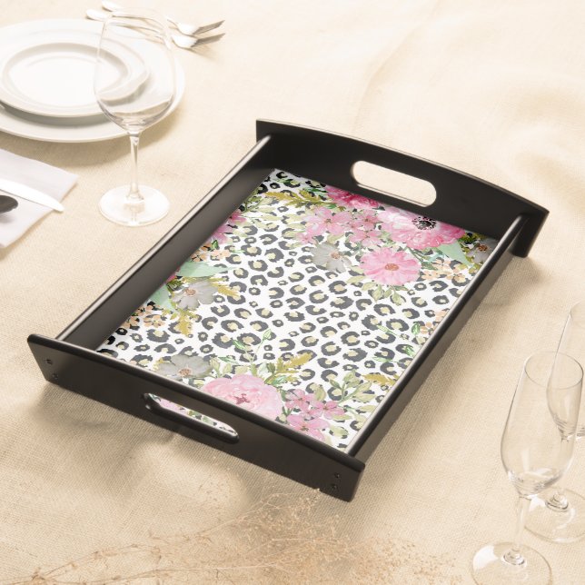 Elegant Leopard Print and Floral Design Serving Tray (Front)