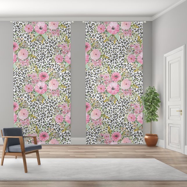 Elegant Leopard Print and Floral Design Sheer Curtains (Wide)