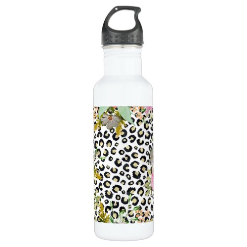 Elegant Leopard Print and Floral Design Stainless Steel Water Bottle