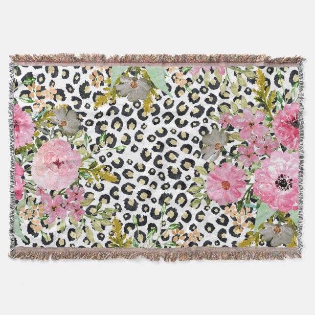 Elegant Leopard Print and Floral Design Throw Blanket (Front)
