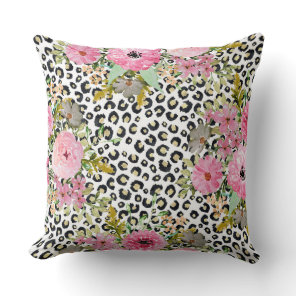 Elegant Leopard Print and Floral Design Throw Pillow