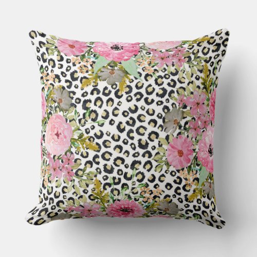 Elegant Leopard Print and Floral Design Throw Pillow