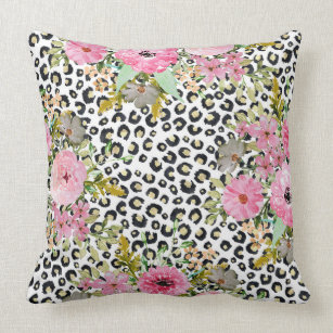 animal print Dark floral leopard cushion cover rose cotton canvas pink