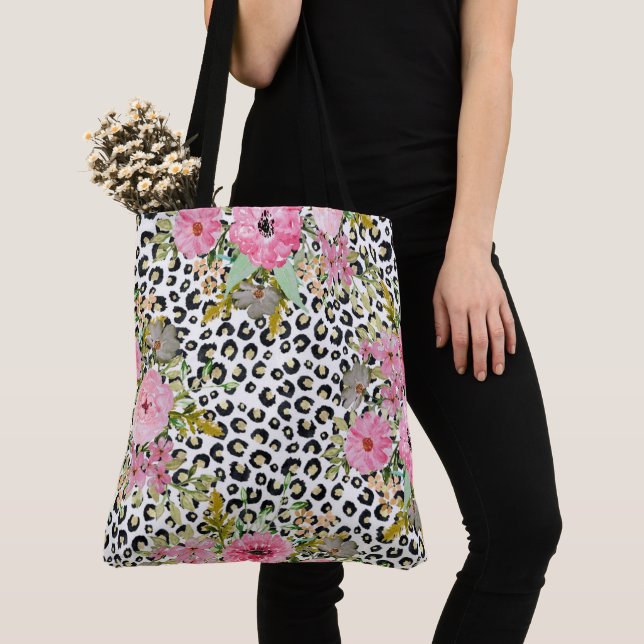 Elegant Leopard Print and Floral Design Tote Bag (Close Up)