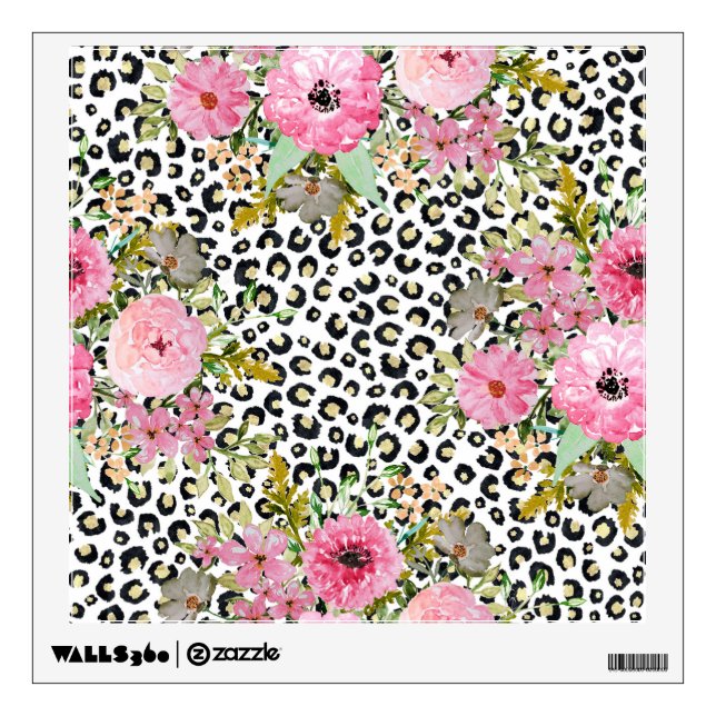 Elegant Leopard Print and Floral Design Wall Decal (Front)
