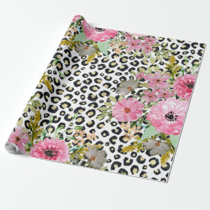 Elegant Leopard Print and Floral Design Wrapping Paper