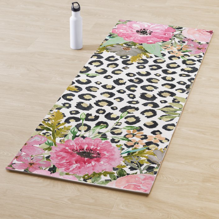 Elegant leopard print and floral design yoga mat