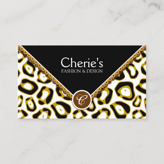 Elegant Leopard Print and Lace Monogram Business Card (Front)