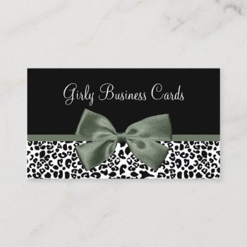 Elegant Leopard Print And Mossy Green Ribbon Business Card by GirlyBusinessCards at Zazzle