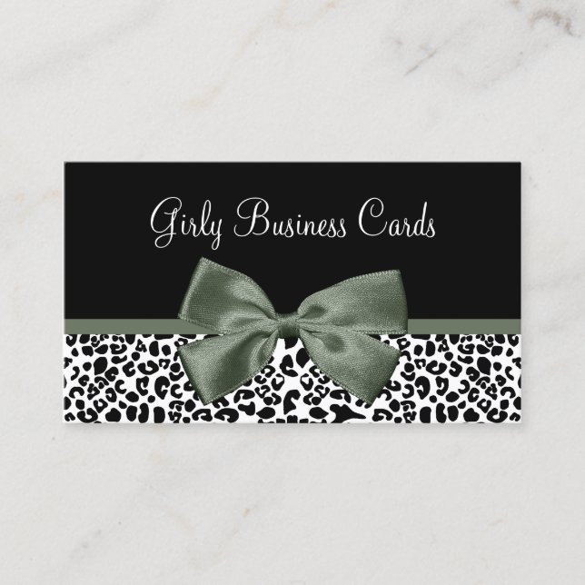 Elegant Leopard Print And Mossy Green Ribbon Business Card (Front)