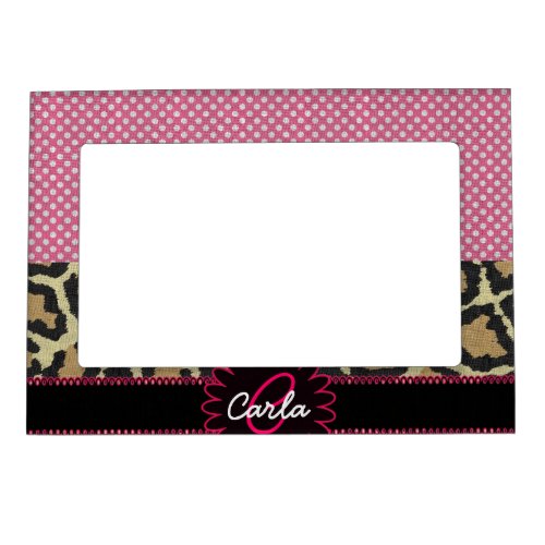 Elegant Leopard Print and Polka Dot Monogram Magnetic Photo Frame