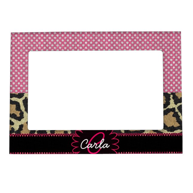Elegant Leopard Print and Polka Dot Monogram Magnetic Photo Frame (Front)