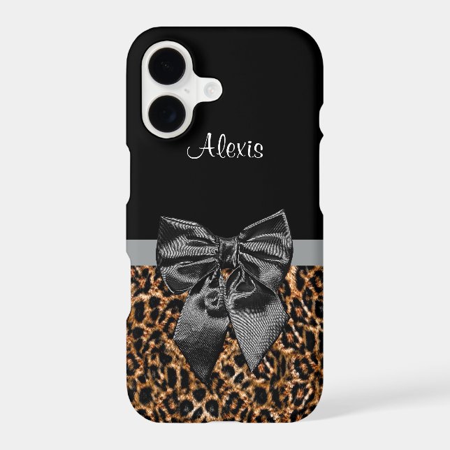 Elegant Leopard Print Classy Black Bow With Name Iphone Case (Back)
