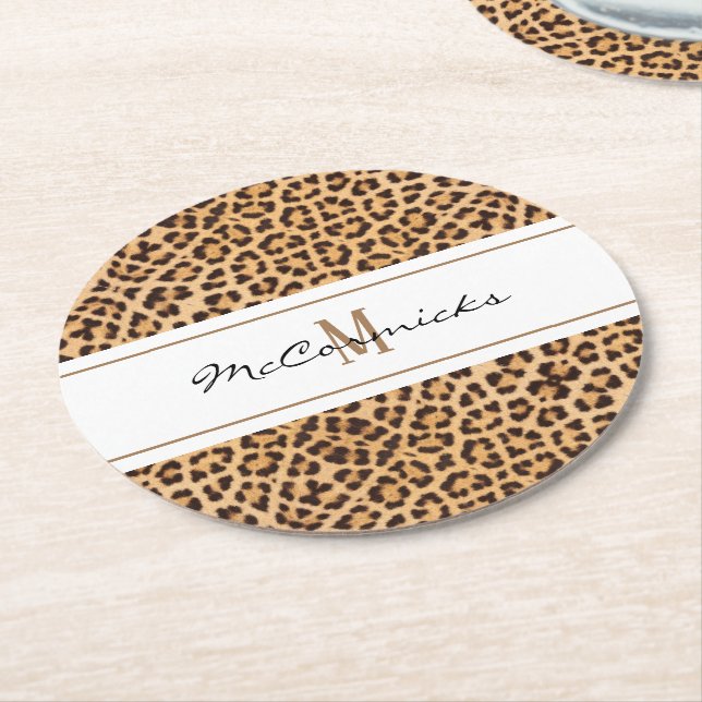 Elegant Leopard Print Monogram Personalized Round Paper Coaster (Angled)