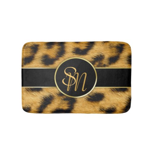 Elegant Leopard Print Monogram Script _ Bath Mat