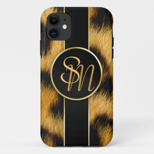 Elegant Leopard Print Monogram Script iPhone Case