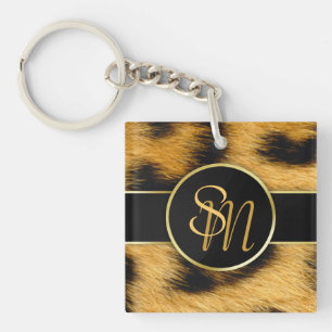 Elegant Leopard Print Monogram Script - Keychain