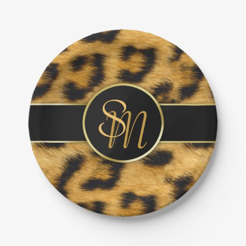 Elegant Leopard Print Monogram Script Paper Plate