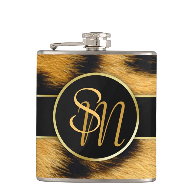Elegant Leopard Print Monogram Script Vinyl Flask (Front)