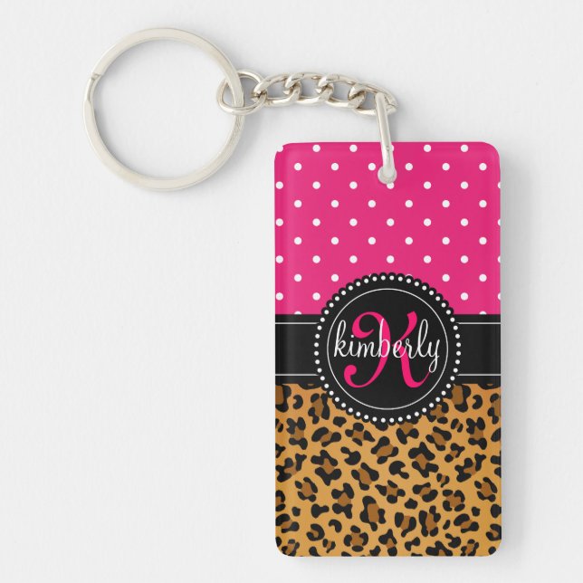 Elegant Leopard Print Pink Dots Girly Chic Custom Keychain (Front)