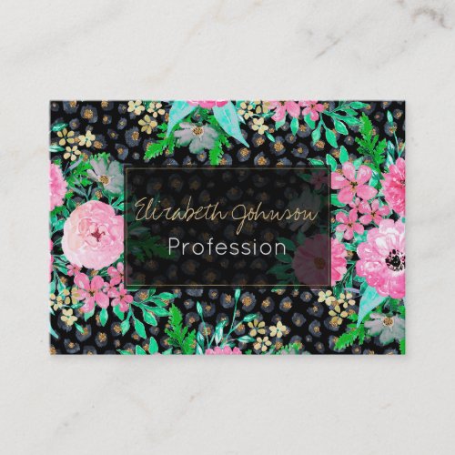 Elegant Leopard Print  Pink Floral Black design Business Card