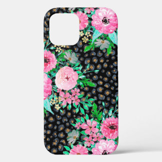 Elegant Leopard Print & Pink Floral Black design iPhone 12 Case