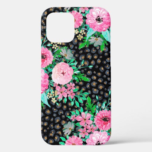 Elegant Leopard Print  Pink Floral Black design iPhone 12 Case