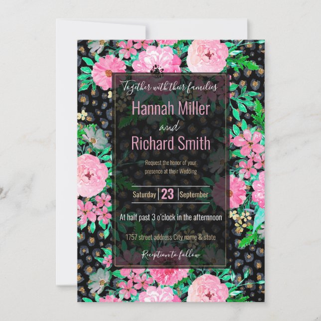 Elegant Leopard Print & Pink Floral Black design Invitation (Front)