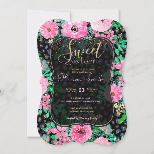 Elegant Leopard Print  Pink Floral Black design Invitation