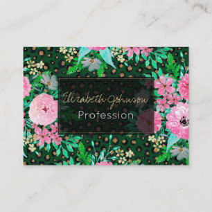 Elegant Leopard Print Pink Floral Green Design Business Card
